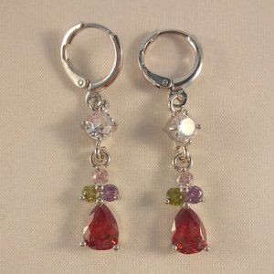 18K White Gold Filled Flower Pear Ruby Diamond Zircon Dangle Earrings 1.25 Gift